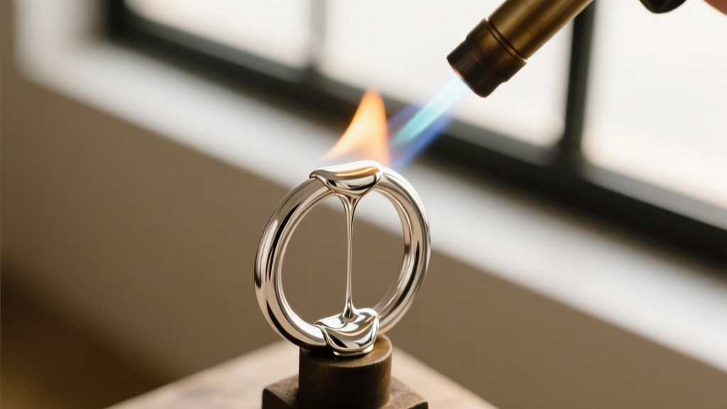 Overhead view of a butane torch heating a sterling silver jump ring, showing a small pool of silver solder flowing into the gap.