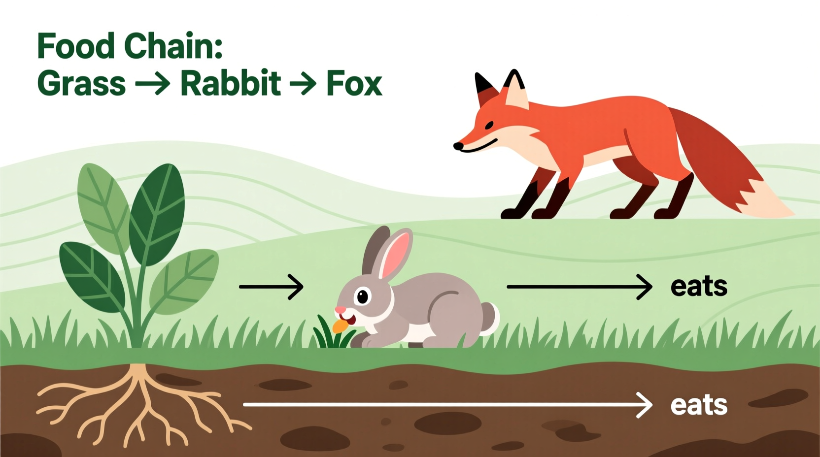 Diagram showing grass to rabbit to fox food chain