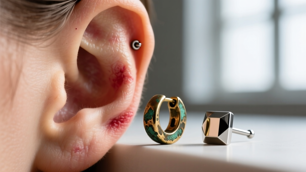 Close-up of an inflamed earlobe next to a tarnished brass earring contrasted with a gleaming, polished implant-grade titanium stud