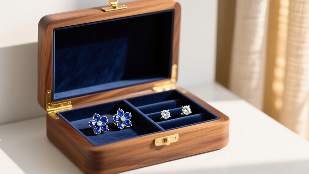 Open wooden jewelry box with velvet compartments, storing sapphire flower earrings safely separated from diamond stud earrings