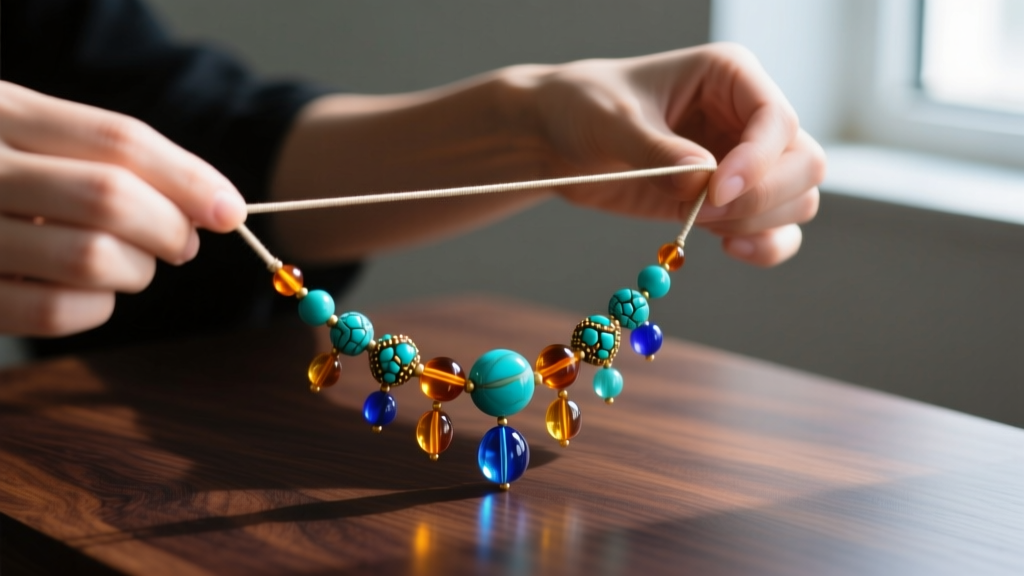 Hands stretching an elastic beaded boho necklace over a dark wood surface to test its tensile strength and elastic rebound.