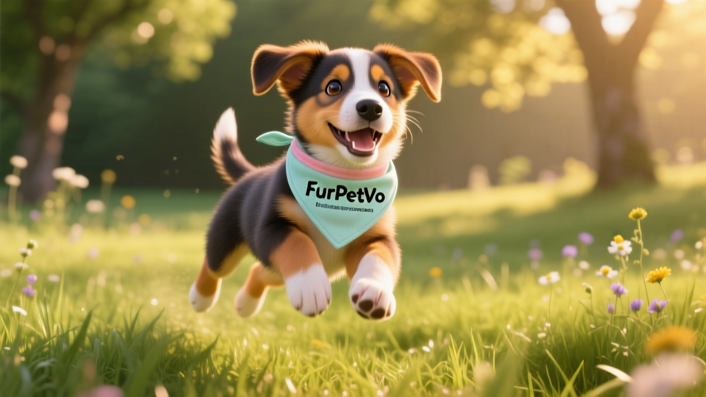 A joyful, healthy puppy playing outdoors, wearing a FurPetVo adoption bandana, symbolizing full recovery