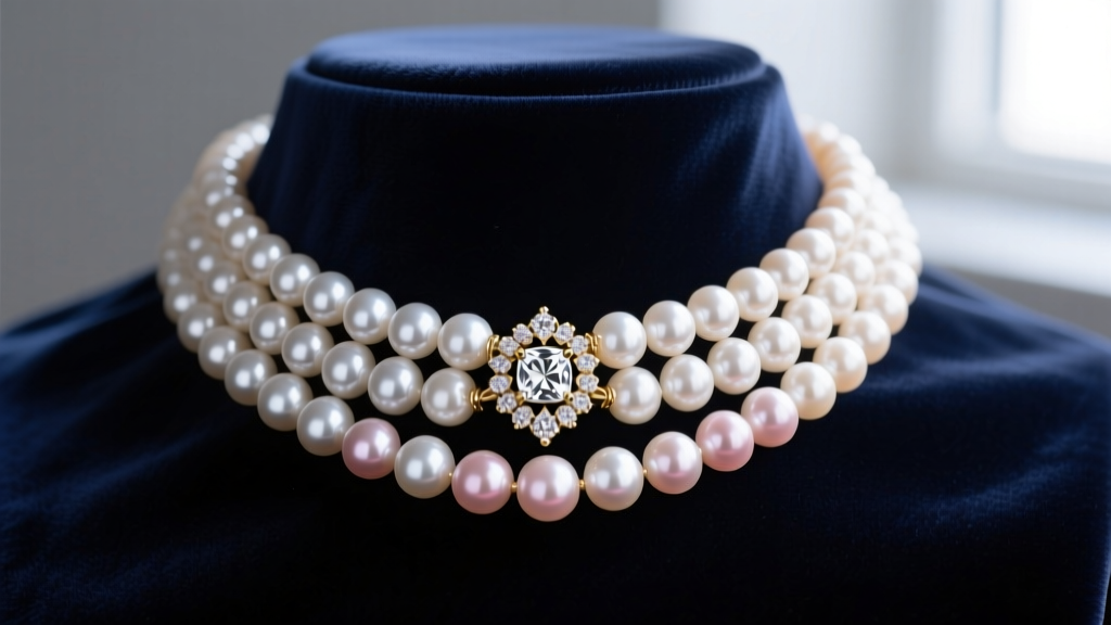 Three-strand Akoya pearl choker with a diamond-encrusted 14k white gold clasp resting on a dark navy velvet fabric backdrop.