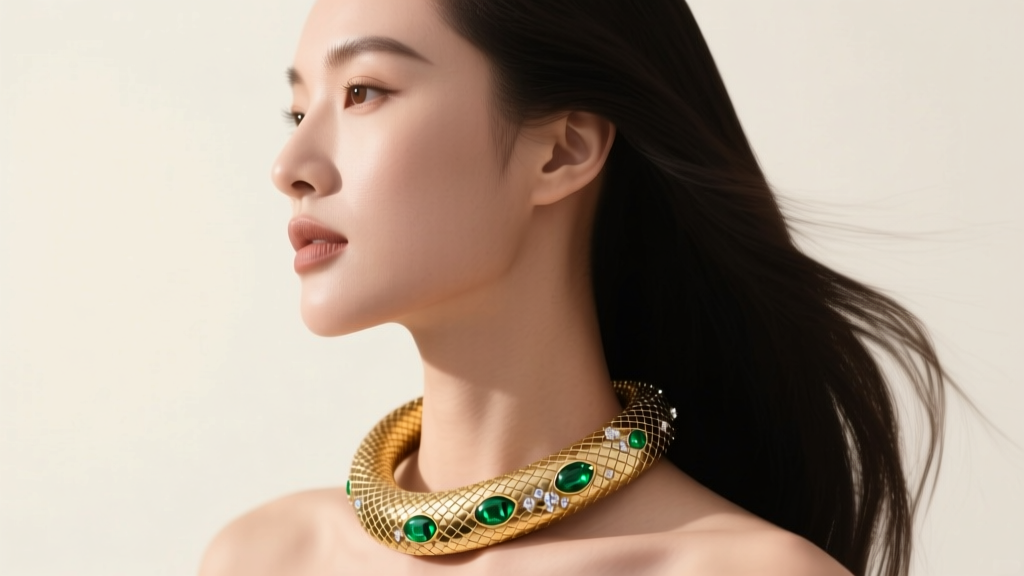 Side profile of a woman wearing a chunky gold serpent choker with diamond scales and emerald eyes resting gracefully on her neck