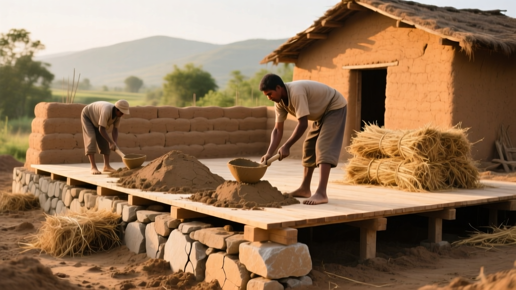 Builders mixing clay subsoil, sand, and straw by foot, stacking earthen cob onto a stone stem wall foundation for a small cottage