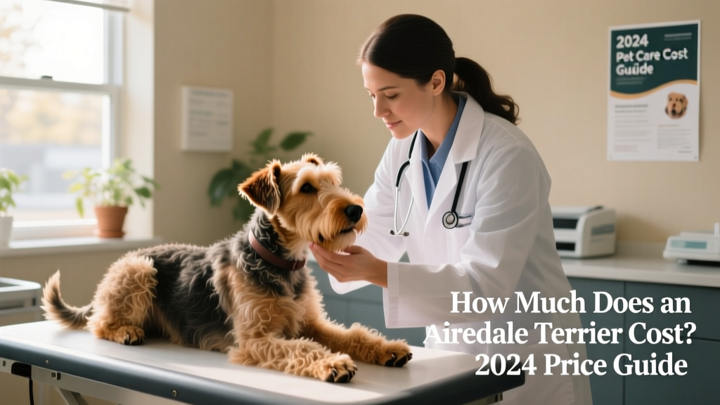 A veterinarian gently examining an Airedale Terrier during a routine wellness checkup