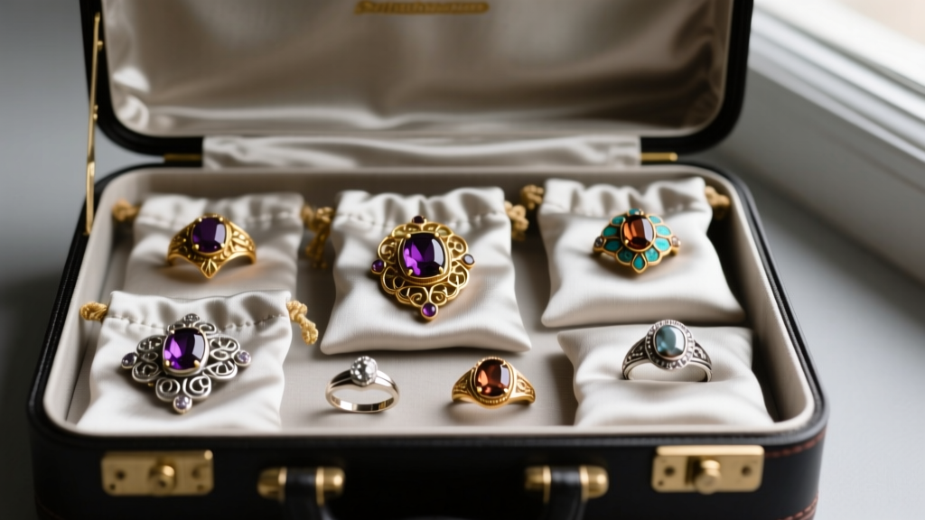 Open travel case with Pacific Silvercloth anti-tarnish pouches holding vintage brooches and rings after a busy jewelry show