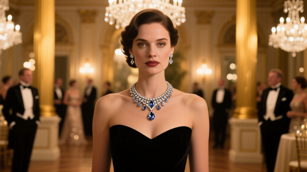 Woman wearing an Austrian crystal Y-necklace and choker at a formal gala, soft warm ambient lighting, cinematic portrait style.