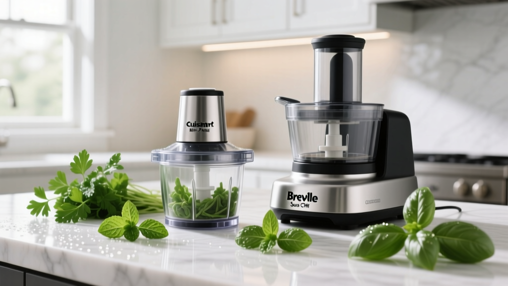 Cuisinart Mini-Prep chopper beside a Breville Sous Chef food processor on a marble counter surrounded by fresh herbs