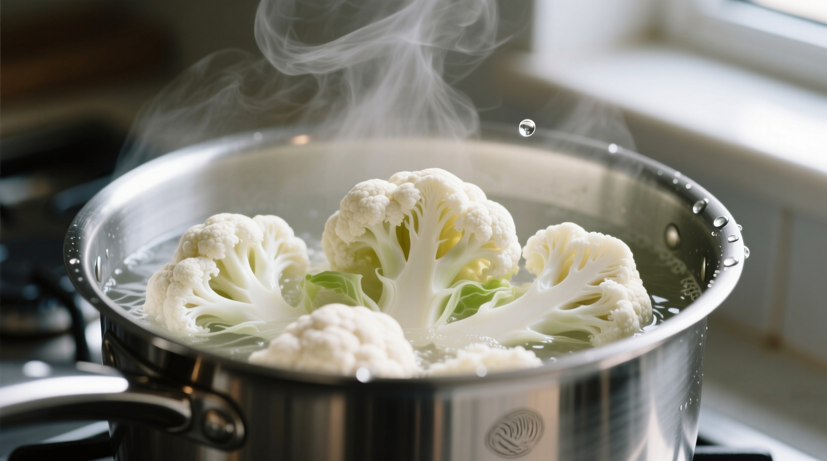 Fresh cauliflower florets boiling in a stainless steel pot