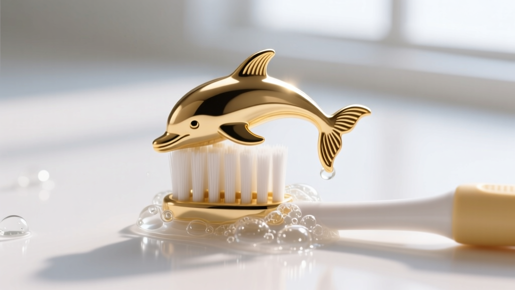 A soft-bristled baby toothbrush gently scrubbing the intricate tail fluke of a gold vermeil dolphin earring in soapy water.