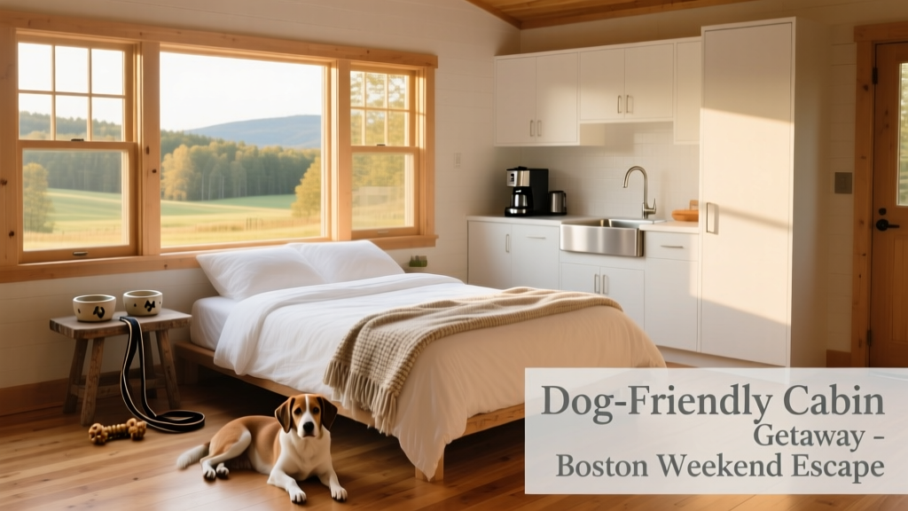 Inside view of a minimalist cabin showing a comfortable bed, small kitchenette, and dog bowls on a side table