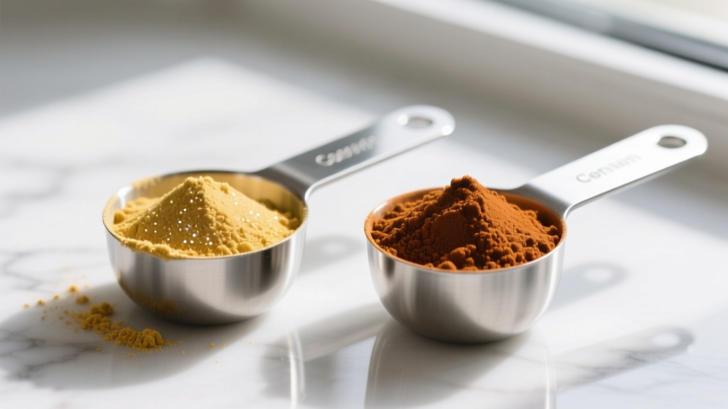 Close up of two measuring scoops displaying different vitamin powder textures for canine homemade diet supplementation side by side