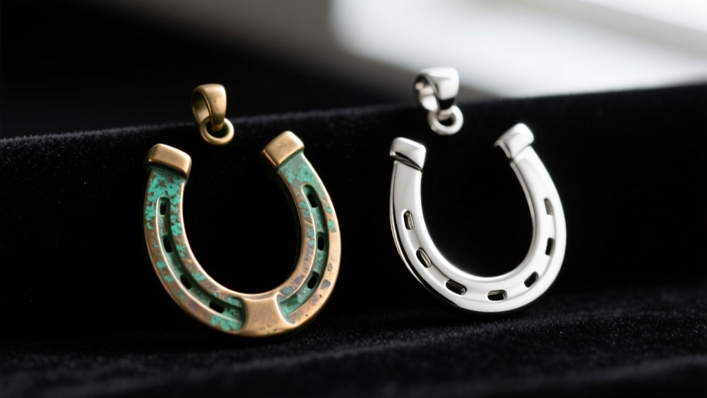 Macro shot of a patina brass horseshoe pendant next to a bright rhodium-plated sterling silver horseshoe pendant on dark velvet.