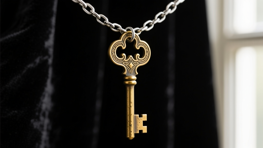 Close-up of an ornate vintage brass chastity key hanging on a 3mm 316L surgical steel curb chain against dark velvet