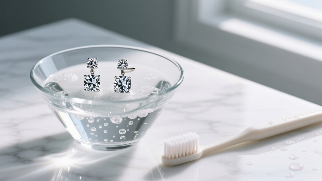 Four-prong martini-set diamond earrings resting in a glass bowl of soapy water next to a soft-bristled toothbrush on white marble