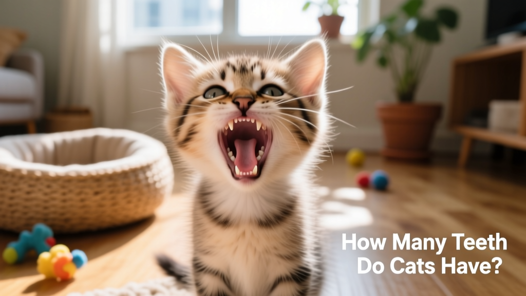 Kitten gently yawning, revealing emerging adult teeth alongside loose milk teeth