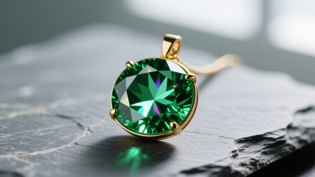 Close-up of a fantasy-cut green tourmaline kaleidoscope pendant on slate, showing bright light reflections and a thin gold bezel.