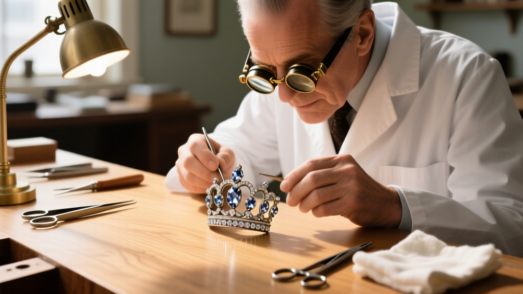 Professional jeweler wearing loupes inspecting the prongs of a vintage Trifari crown brooch on a well-lit wooden workbench.