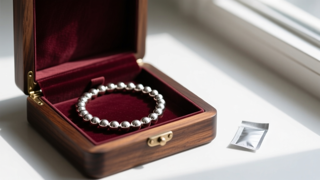 Neatly coiled sterling silver ball necklace stored inside a velvet-lined wooden jewelry box next to a small anti-tarnish strip.