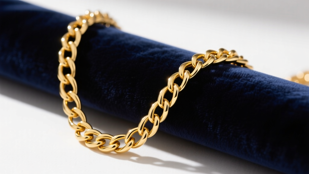 Side profile of a repaired 18k yellow gold box chain draped over velvet, highlighting a seamless solder joint under bright light.