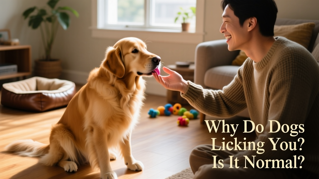 A happy dog gently licking their owner's hand while sitting calmly on the floor