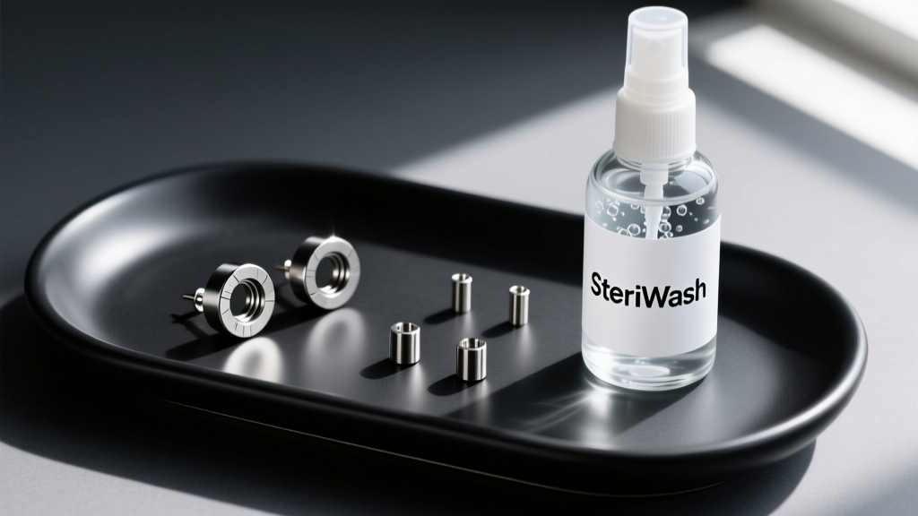 Top view of titanium threadless earring ends and posts on a dark tray beside a bottle of sterile saline wound wash spray.