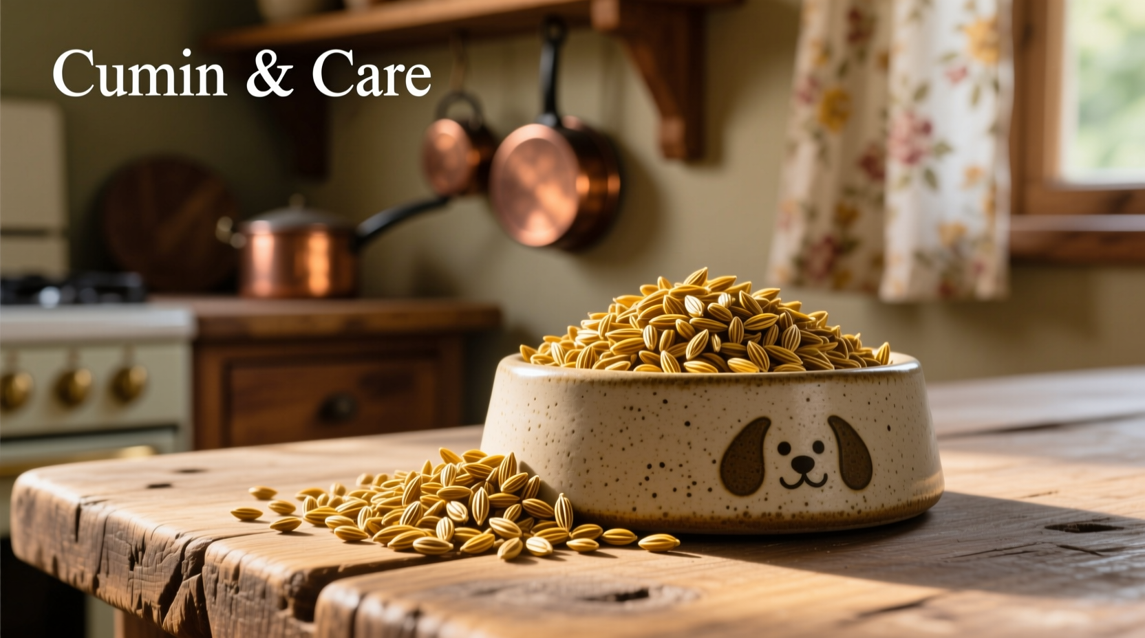 Golden cumin seeds next to dog food bowl