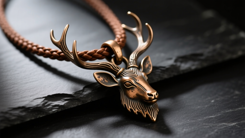 Close-up of a rugged bronze hart pendant on a braided brown leather cord, resting on dark slate with soft directional lighting.