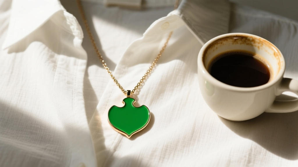 Flat lay of a vibrant Kate Spade green enamel spade pendant necklace resting on a crisp white linen shirt next to a coffee cup