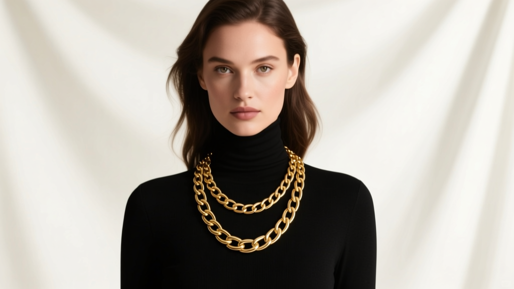 Editorial fashion photo of a model in a black turtleneck wearing a 24-inch gold-filled lariat necklace under soft studio lighting