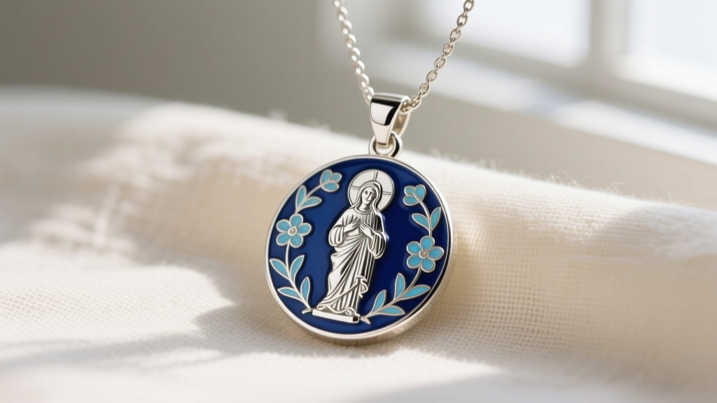 Silver saint medallion protection necklace with deep blue champlevé enamel detailing, photographed on a soft linen fabric background