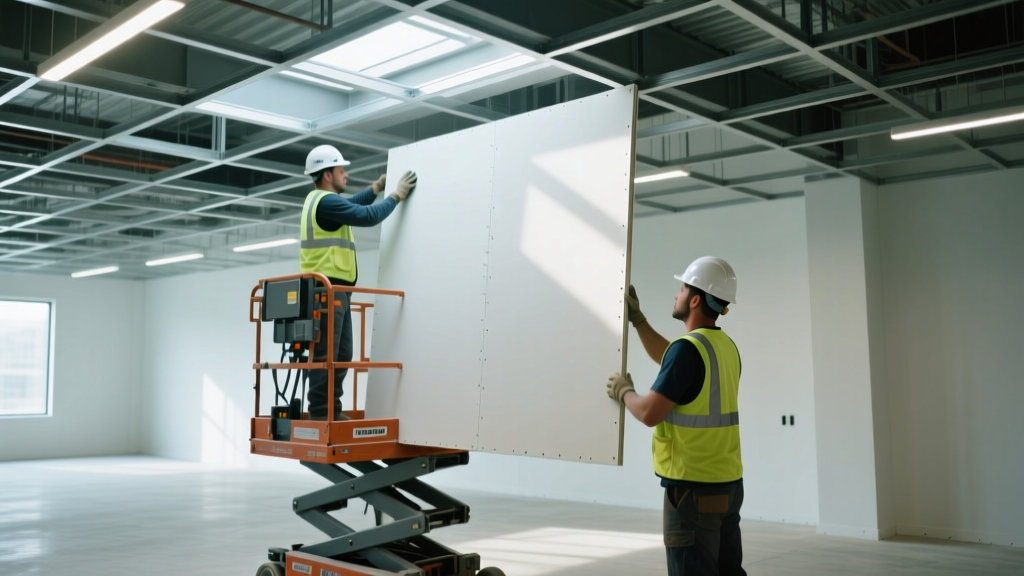 Construction workers using a mechanical drywall lift to hoist a heavy 5/8-inch gypsum board panel onto a commercial ceiling grid