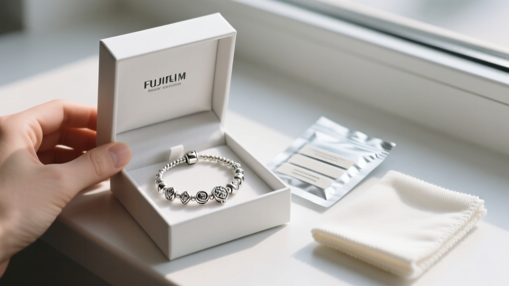 Open gift box revealing a Brighton silver charm bracelet next to anti-tarnish strips and a soft microfiber polishing cloth.