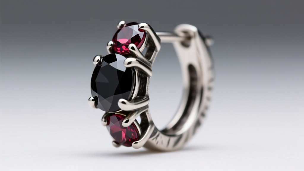 Macro photography of a 20-gauge black spinel and garnet huggie earring highlighting the prong settings and oxidized silver finish
