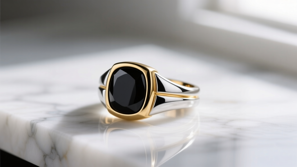 Close-up of a two-tone 18k gold and sterling silver signet ring featuring a polished black onyx stone on a marble surface