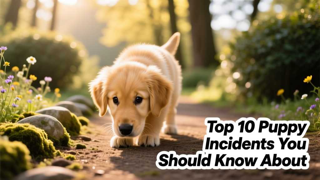 A curious golden retriever puppy sniffing a garden path, with soft focus on background shrubs
