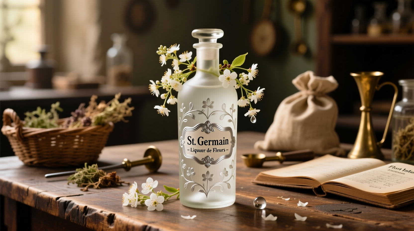 St. Germain liqueur bottle with fresh elderflowers