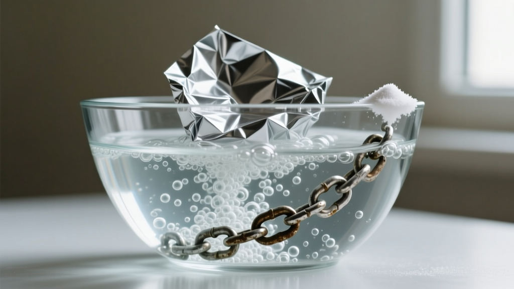 Glass bowl containing boiling water, aluminum foil, and baking soda, with a tarnished silver chain submerged and bubbles forming.