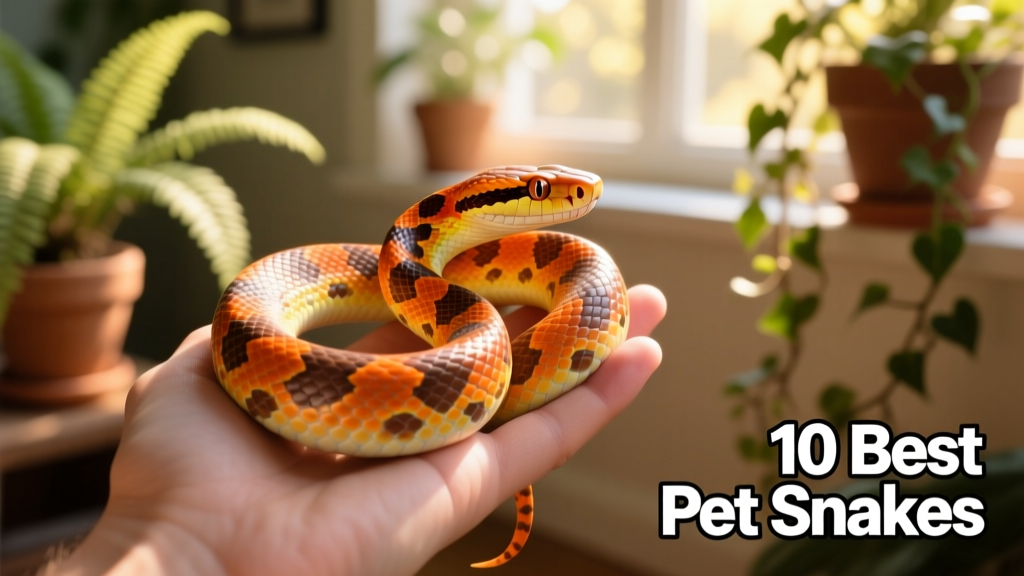 A vibrant corn snake coiled gently on a hand, showcasing its orange-and-brown patterned scales