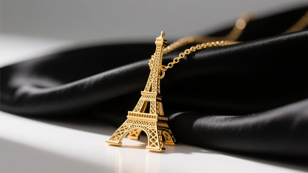 14k gold vermeil Paris necklace Eiffel tower pendant resting on black silk, soft lighting highlighting intricate metalwork.