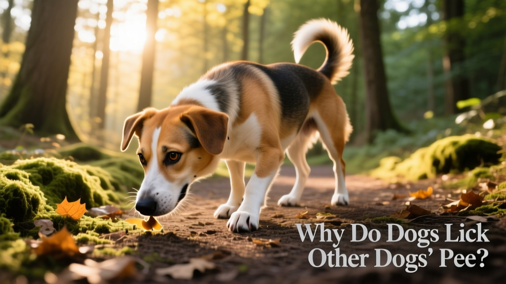 Happy, healthy dog mid-sniff on a sunlit trail, tail wagging, showing natural curiosity without urine contact