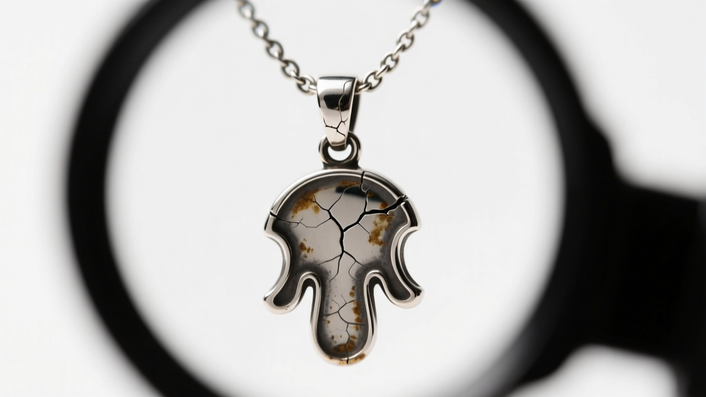 Jeweler loupe view of a tarnished 925 sterling silver hamsa necklace jump ring showing stress fractures near the clasp.