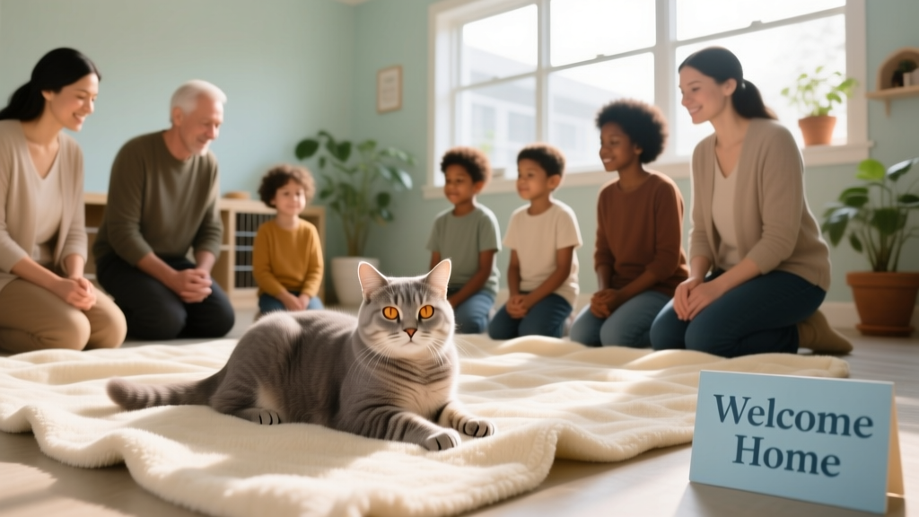 A diverse group of people—including adults and children—kneeling gently around a relaxed senior cat sitting on a soft blanket in a quiet, well-lit shelter interaction room