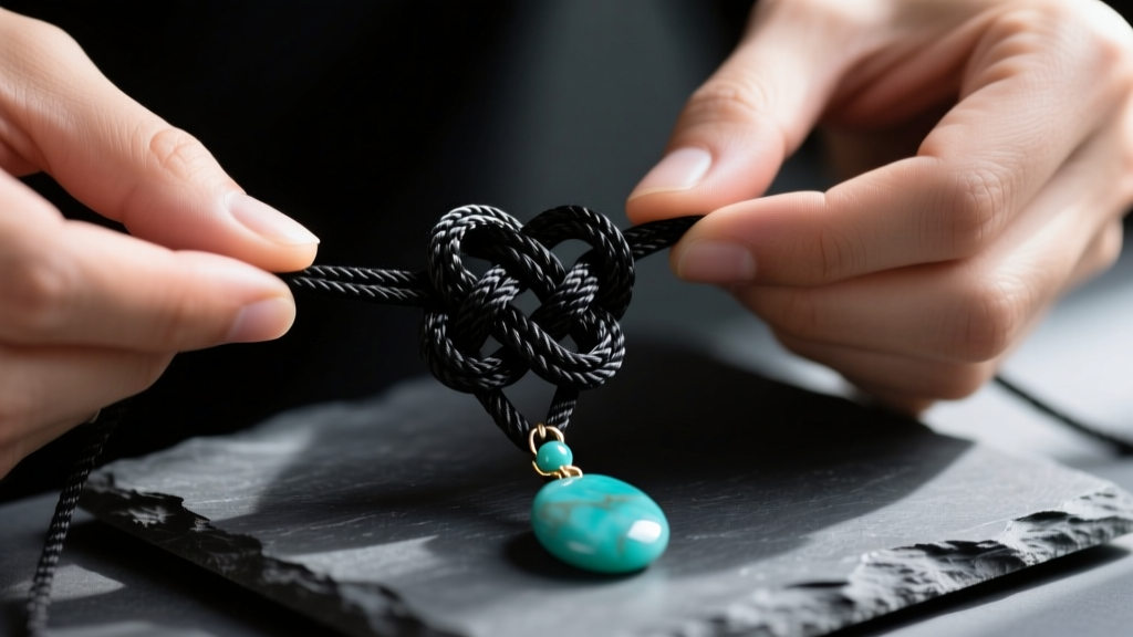 Hands tying a sliding macrame square knot using black nylon cord, with a turquoise stone pendant resting on a dark slate surface