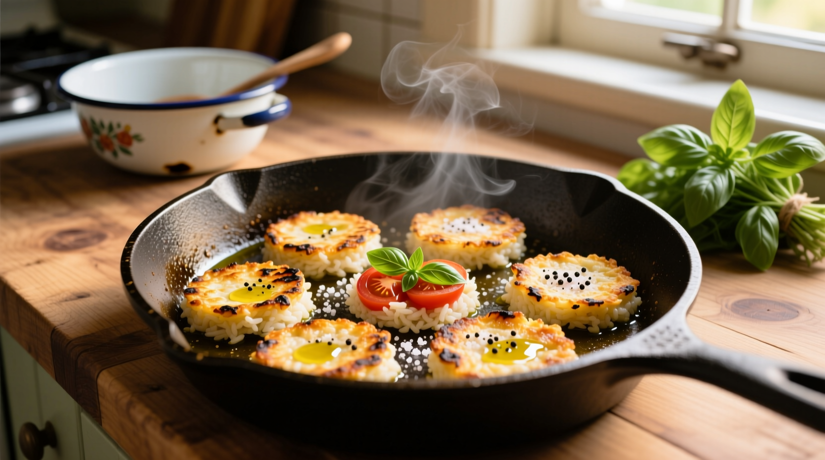 Golden tomato basil rice cakes on cast iron skillet
