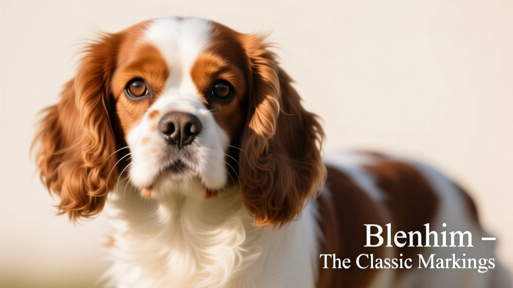 A close-up portrait of a Blenheim Cavalier King Charles Spaniel showing rich chestnut markings on a creamy white background