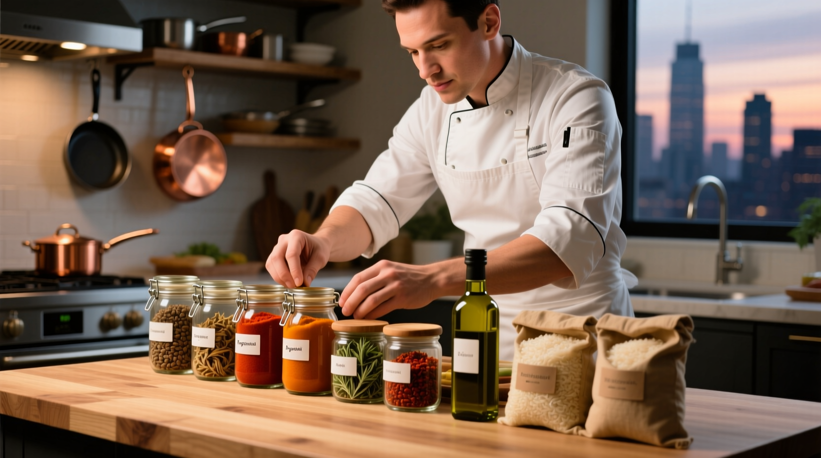 Chef organizing pantry ingredients for quick dinner