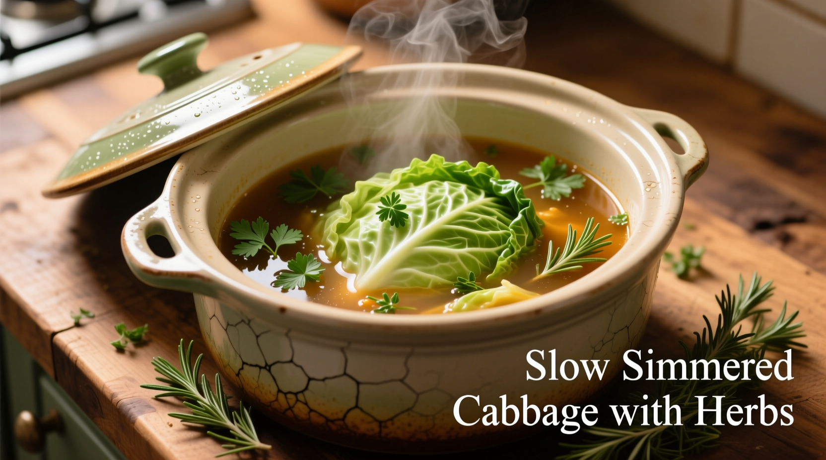 Cabbage cooking in crock pot with herbs