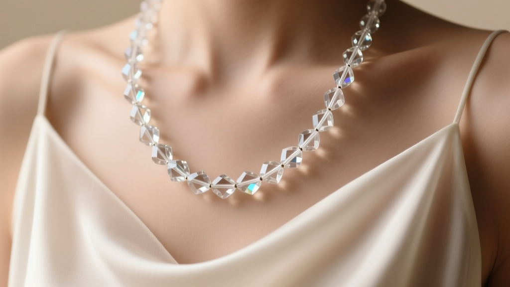 Macro shot of an 8mm faceted clear quartz bead necklace on a silk slip dress, soft light highlighting internal crystal inclusions